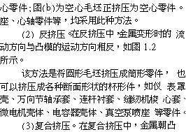 心零件;图(b)为空心毛坯正挤压为空心零件。 座、心轴零件等，均采用此种方法。
(2)	反挤压。在反挤压中，金属变形时的 流动方向与凸模的运动方向相反，如图1.2
所示。
该方法是将圆形毛坯挤压成筒形零件， 也可以挤压成各种断面形状的杯形件，如仪 表罩壳、万向节轴承套、连杆衬套、缝纫机梭 心套、微电机壳体、电容器壳体、真空泵喷座 等零件。
(3)	复合挤压。在复合挤压中，金属朝凸
